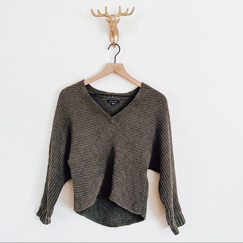 AMERICAN Eagle Women's Dark Green Knit Ribbed V Neck Sweater Top Size Small